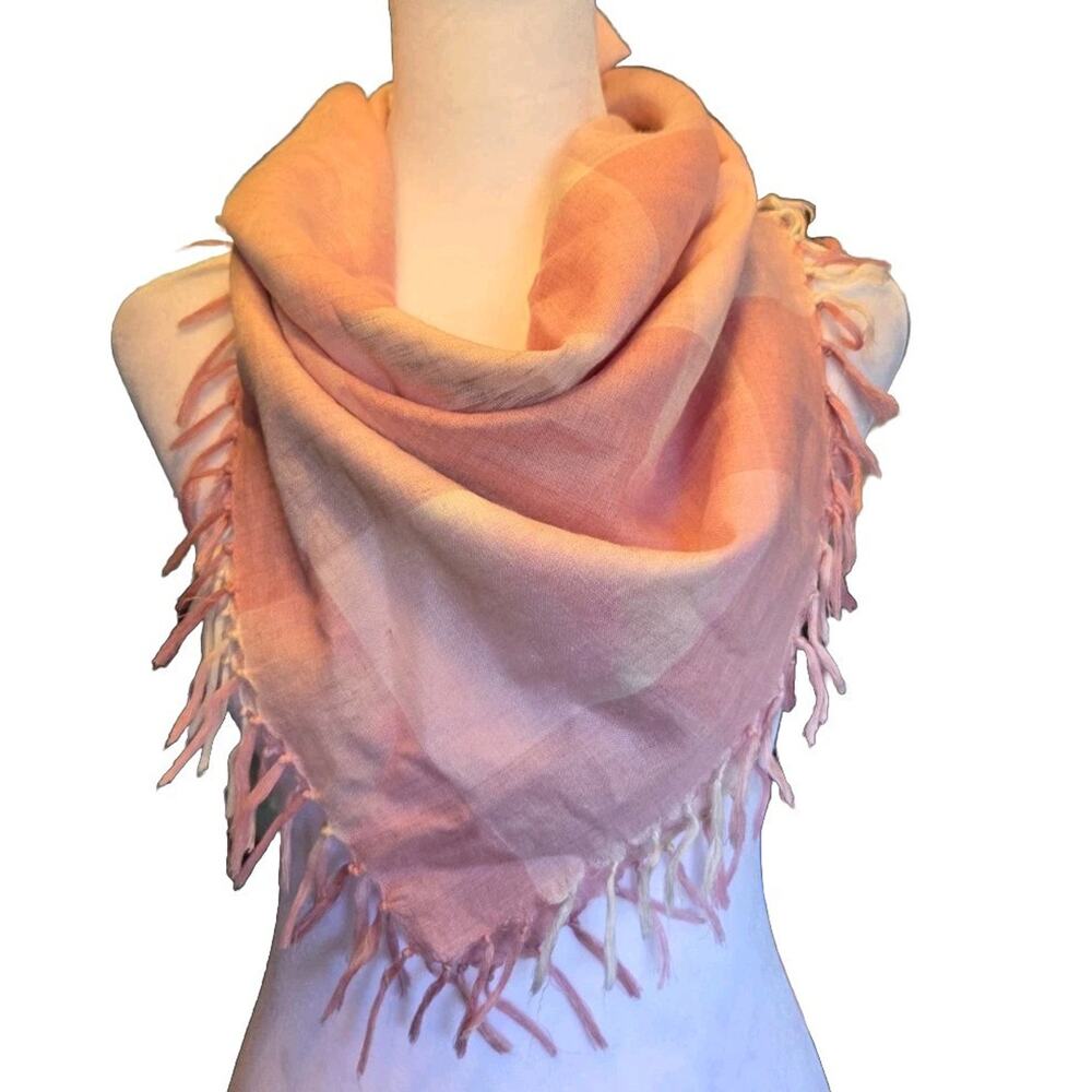 Vtg Glentex 1990s Pink Gray Buffalo Plaid Fringe Scarf 30" Square Cottage
